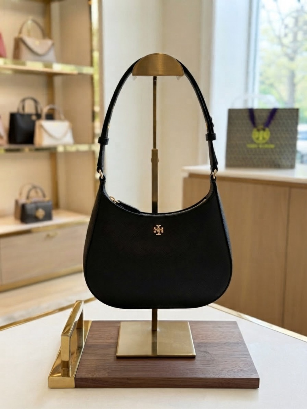 Tory Burch Black Saffiano Leather Small Crescent / Shoulder Bag Gold Hardware